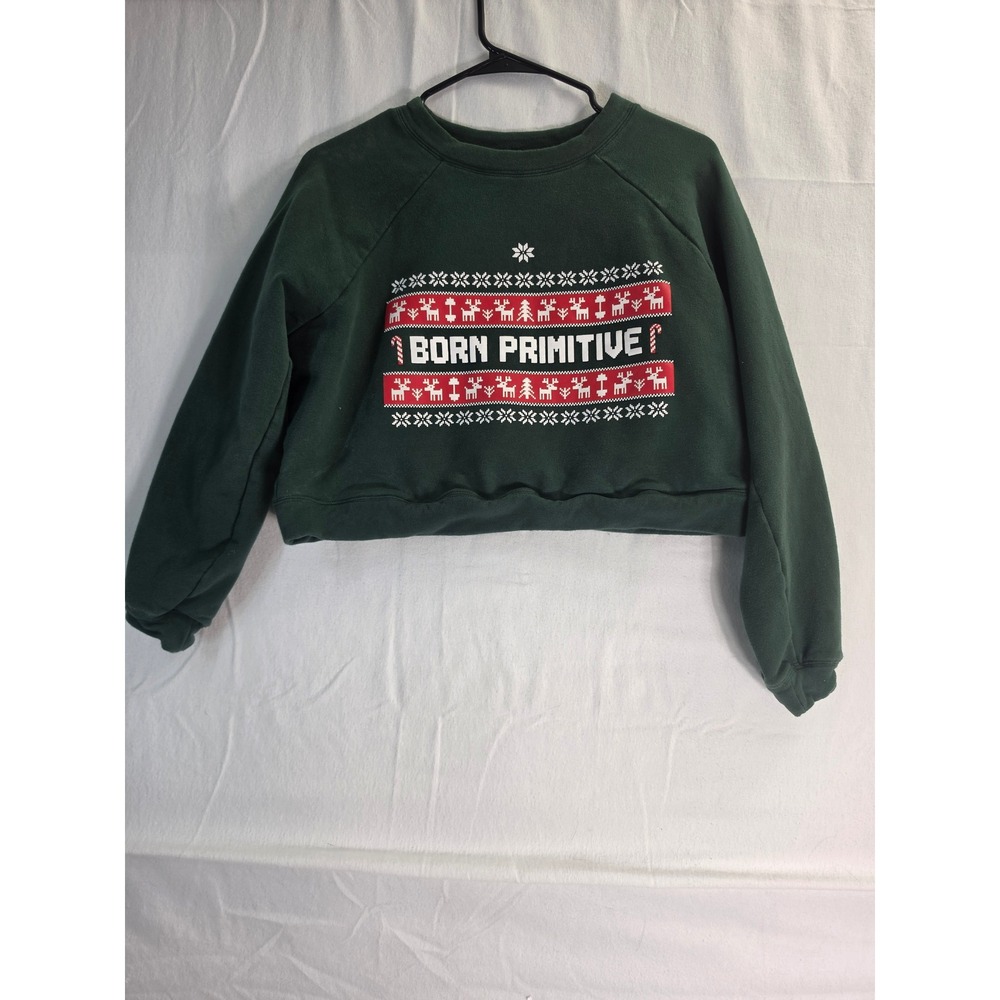 Born Primitive Womens Green Christmas Fair Isle Cropped Sweatshirt Size M
